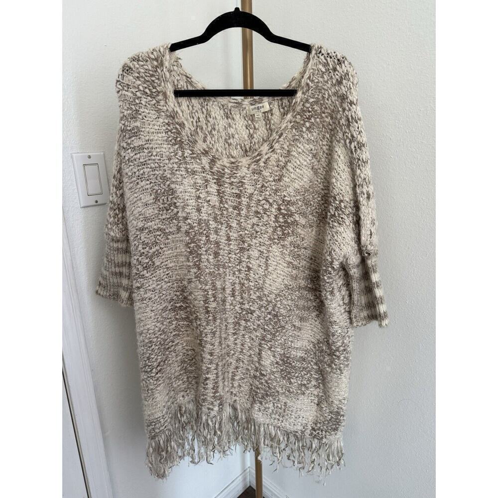 Umgee Cream Mocha Fringe Chunky Fuzzy Cozy Knit Sweater Size M/L - Picture 2 of 6